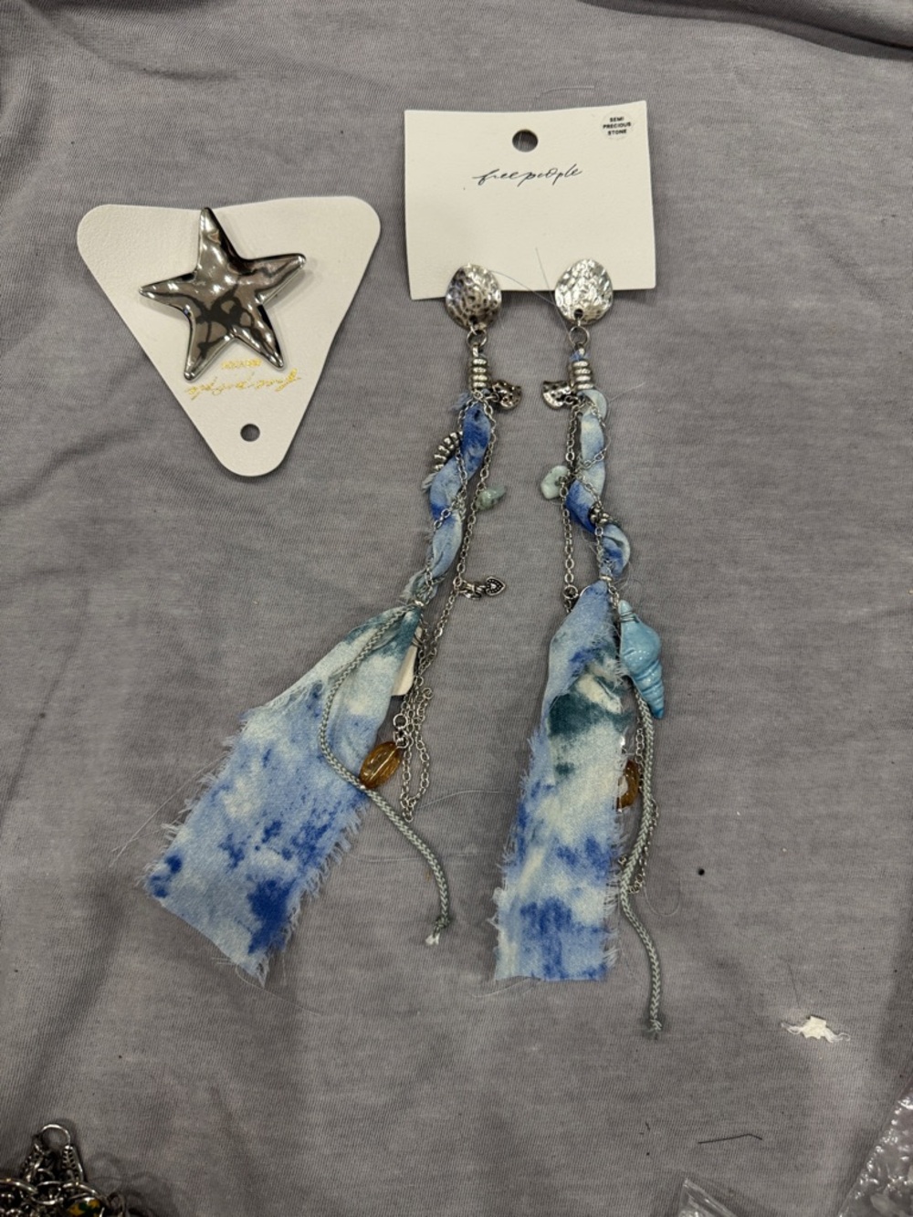 Free People Blue Tie-Dye Tassel Statement Earrings and Star Brooch